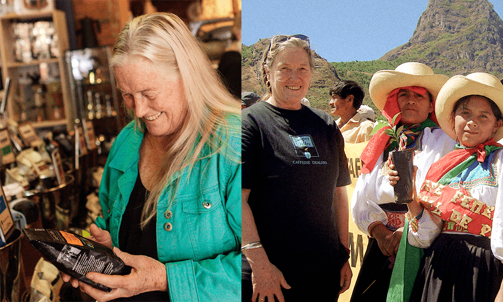 Image: Merilyn holding a bag of coffee and in Peru with coffee growers